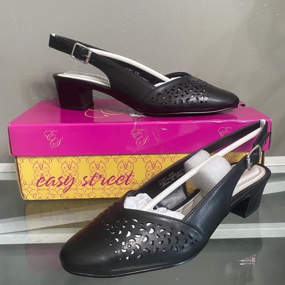 Easy Street Sofie Black Slingback Pumps Laser Cut Block Heel Shoes 8M 31-9071